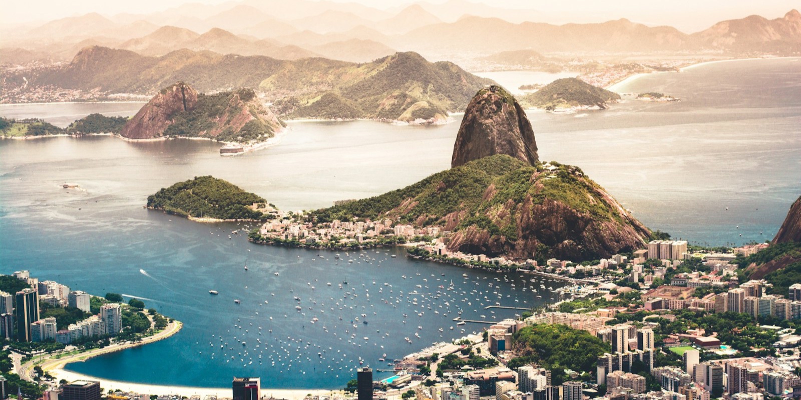 Aerial view of Rio de Janeiro's coastline and mountains