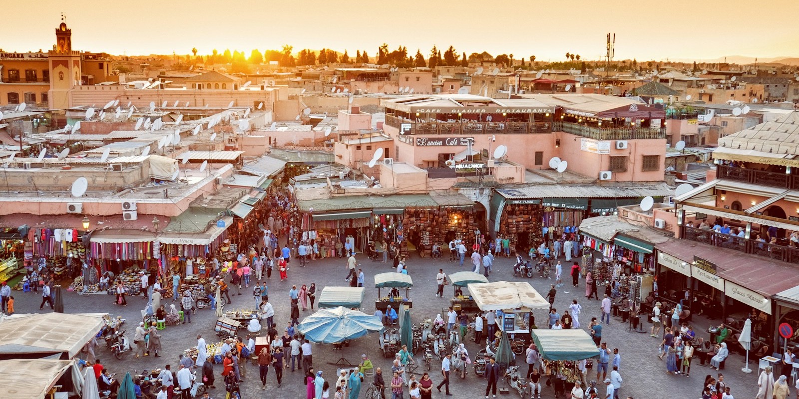 A busy street scene in the medina of Marrakech, Morocco